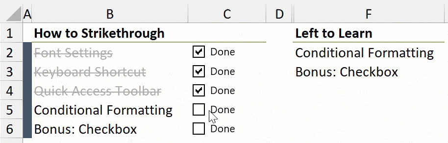 strikethrough with checkbox in excel