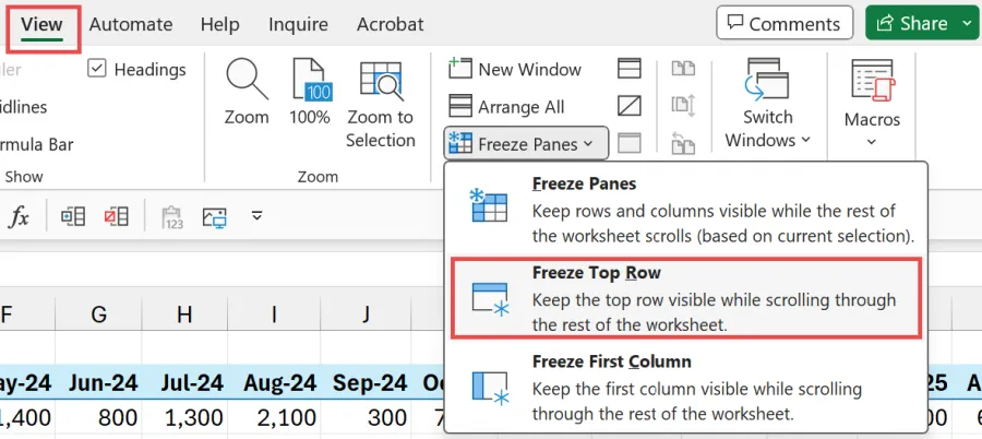Excel freeze top row