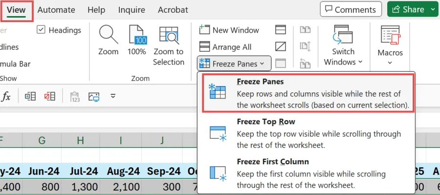 Excel freeze pane