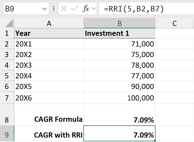 CAGR formula with RRI function