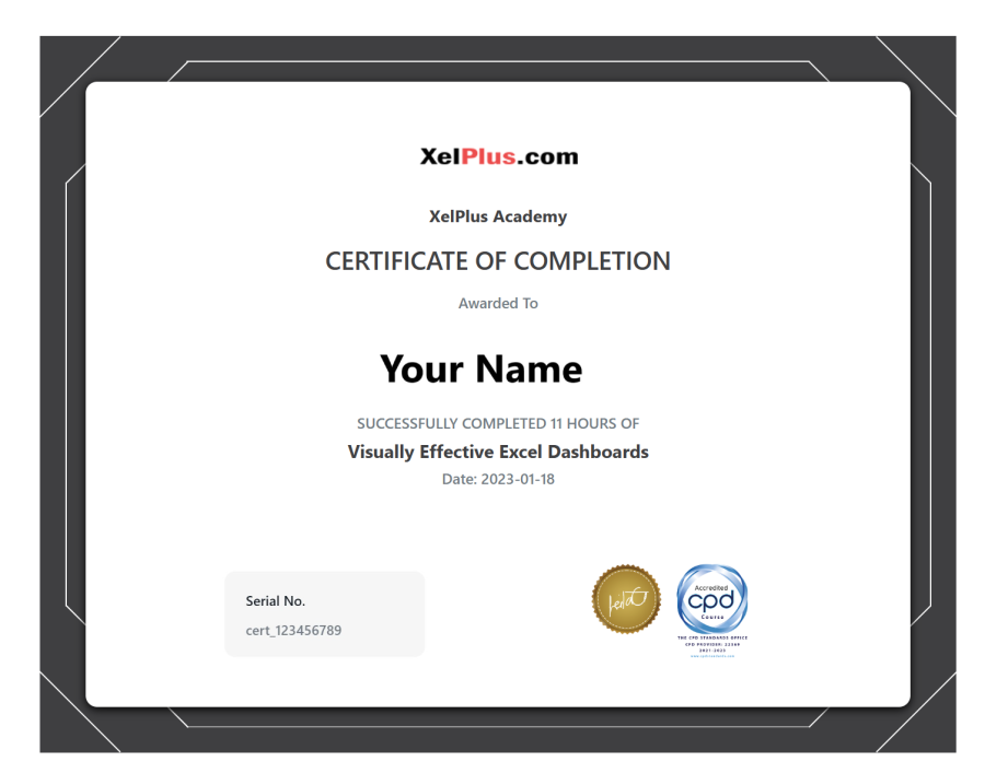 Certificate of Completion Excel Dashboards Course at XelPlus