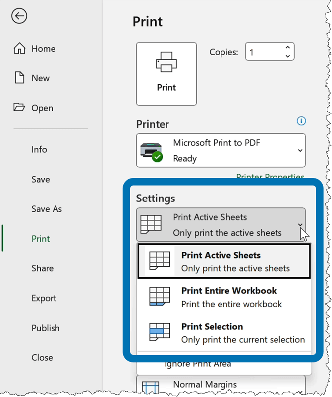 Select what part of an Excel file to print