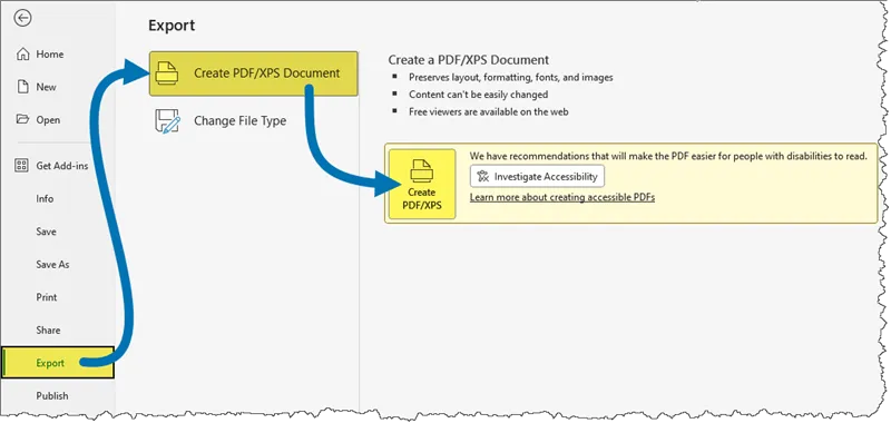 Export page in Excel's Backstage area to export as a PDF