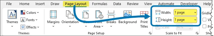 Page Layout ribbon to use the page with and height controls in Excel