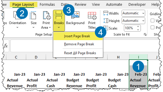 Steps to add a manual page break in Excel