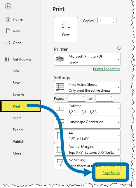 Accessing the Page Setup link in the Print Preview window of Excel
