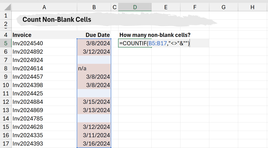 Count non-blank cells with COUNTIF function
