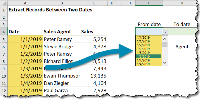 lookup values between dates with drop down lists