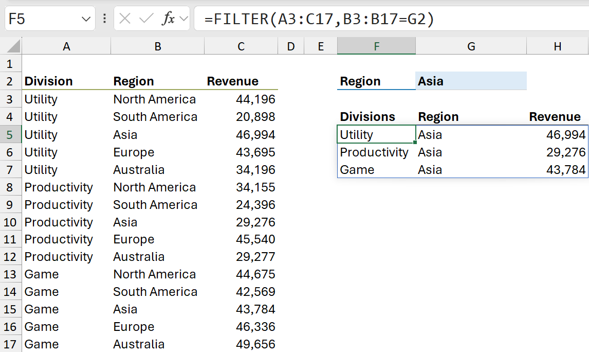 filter function excel