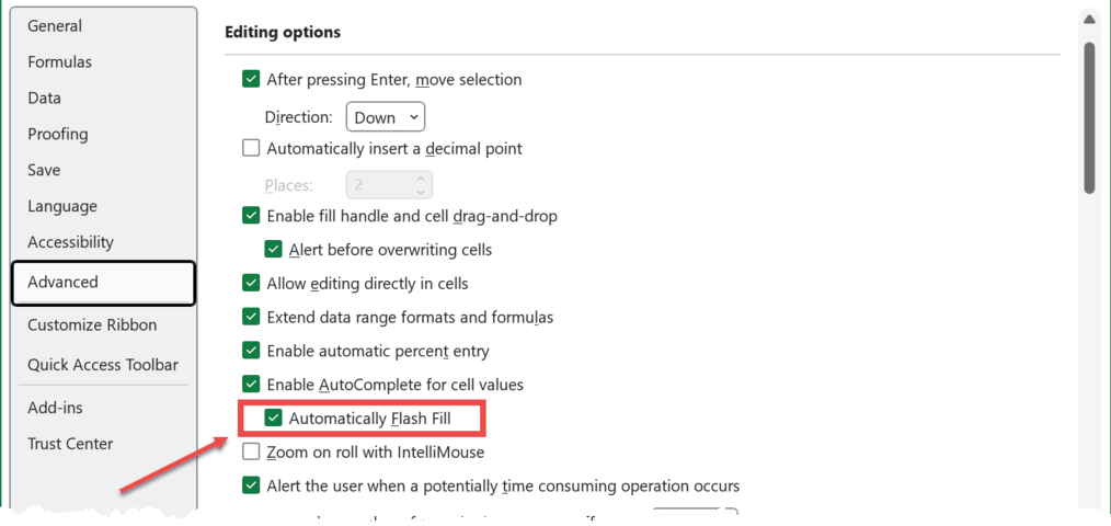 Enable Flash Fill Excel