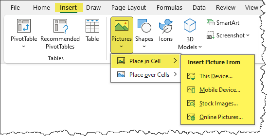 Insert image in cell tab ribbon control
