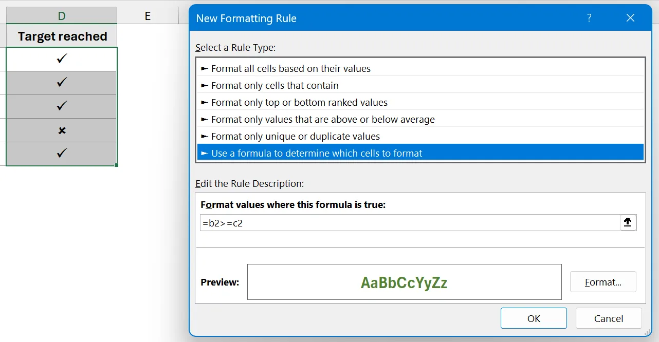 check mark excel conditional formatting