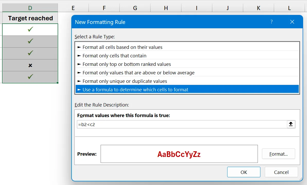 check mark excel conditional formatting