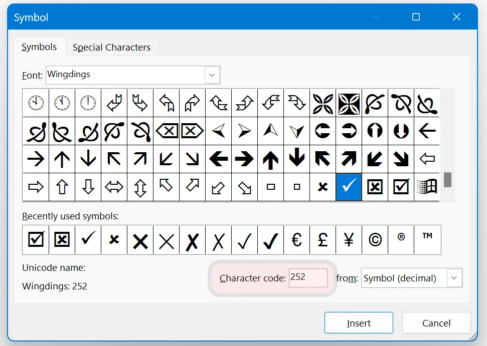 Insert Check mark with character code