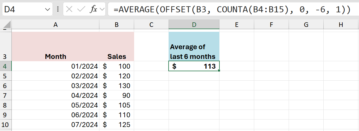 Excel OFFSET function