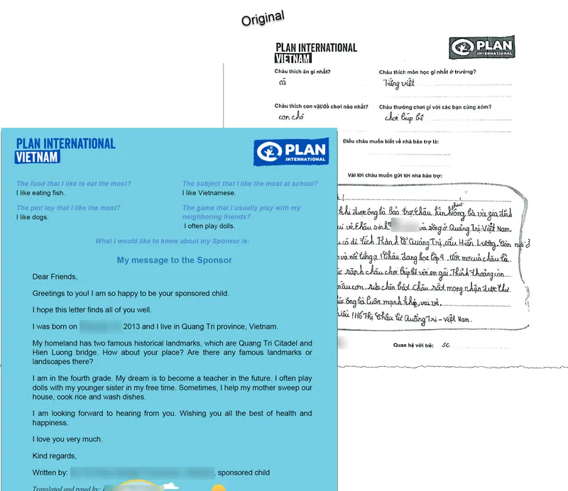 Letter from sponsored girl from Plan International in Vietnam
