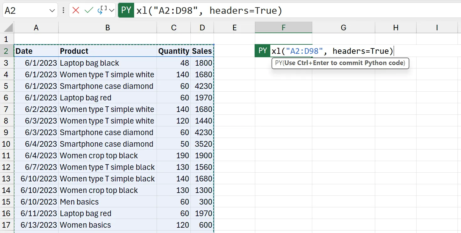 create dataframe in excel