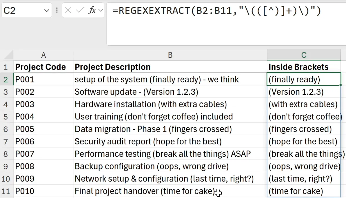 REGEXEXTRACT text inside parentheses