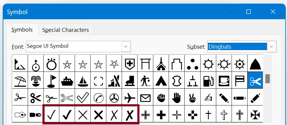 insert check mark with symbols