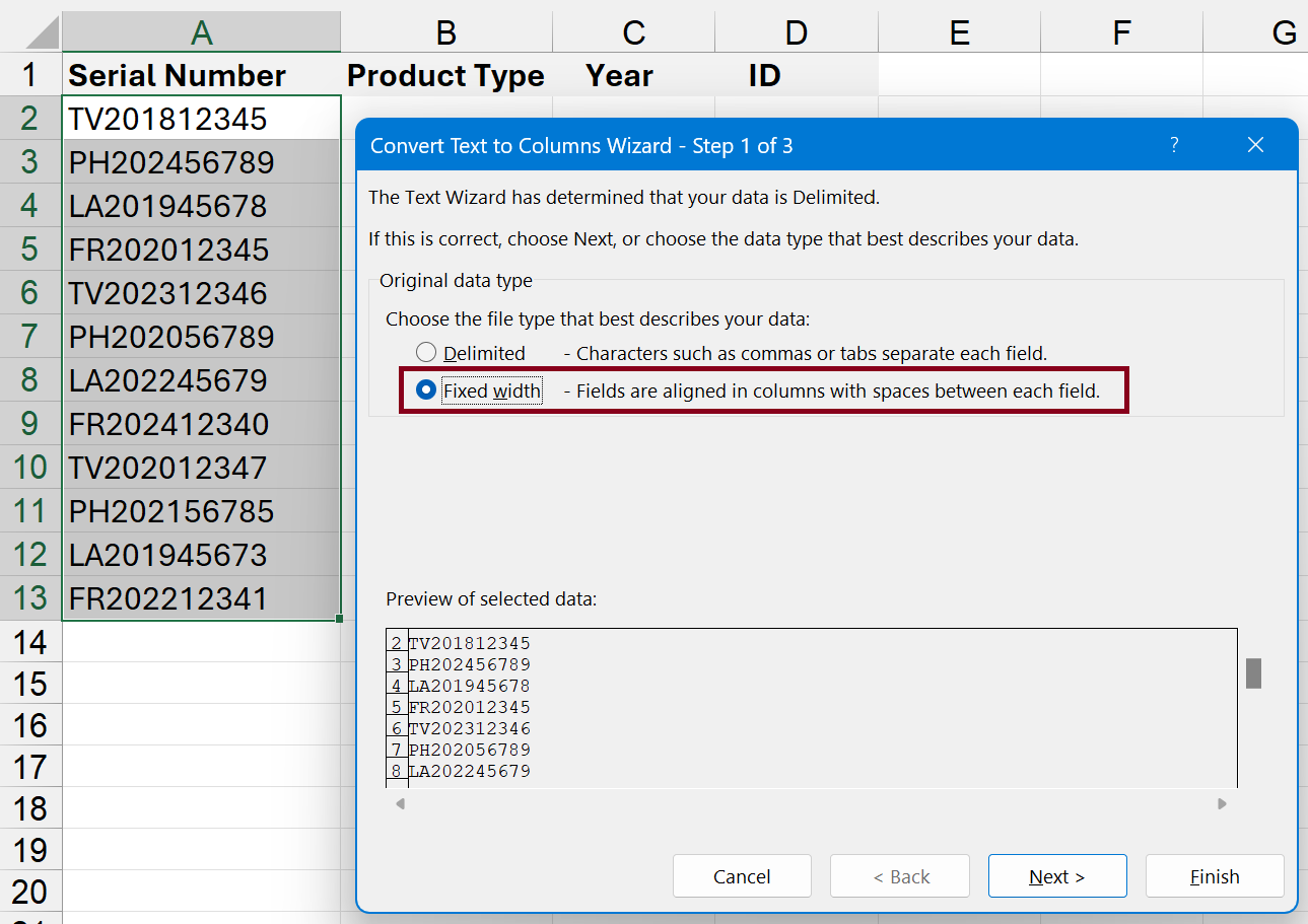 Split cells in Excel with Text to columns fixed width