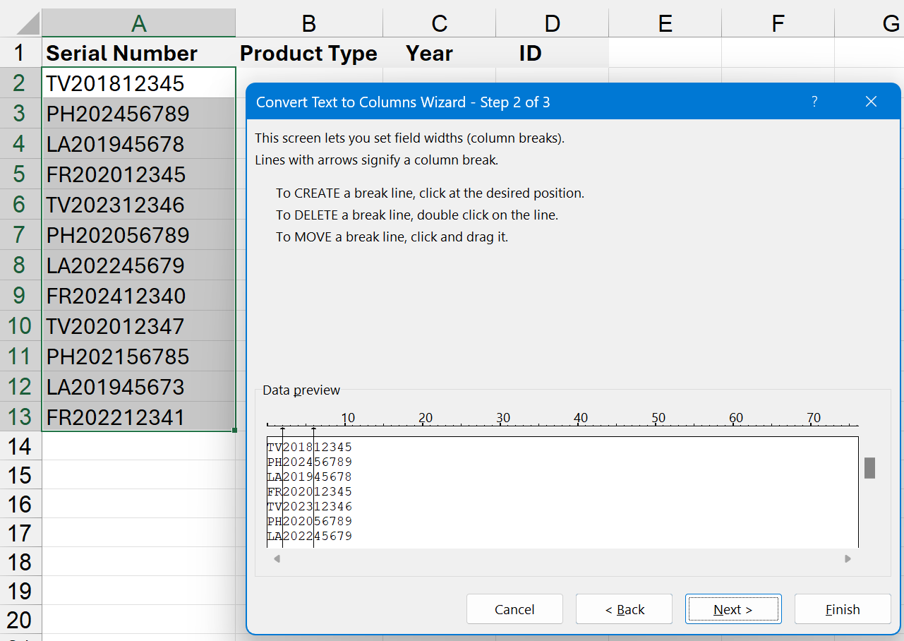 Split cells in Excel with Text to columns fixed width