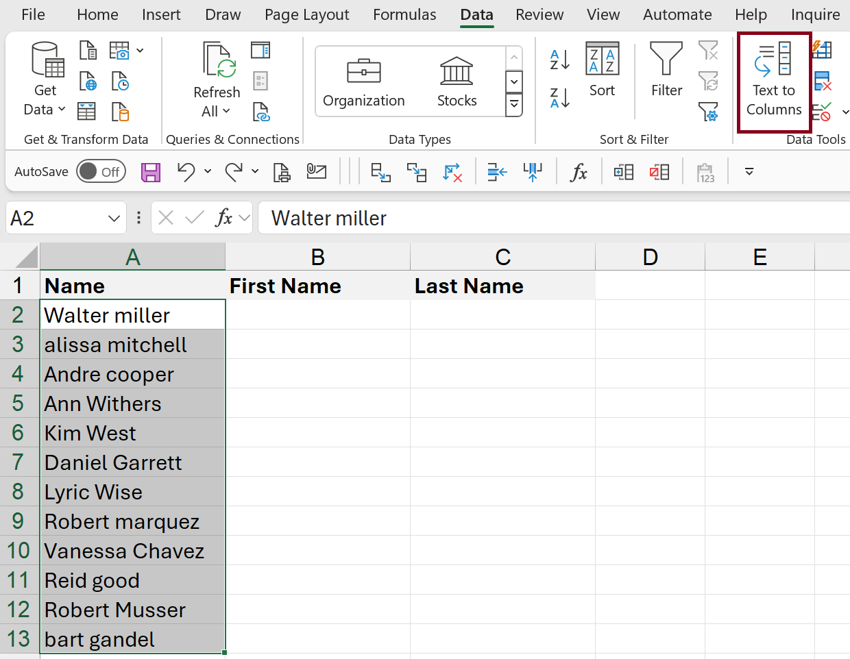 Separate names in Excel with Text to columns