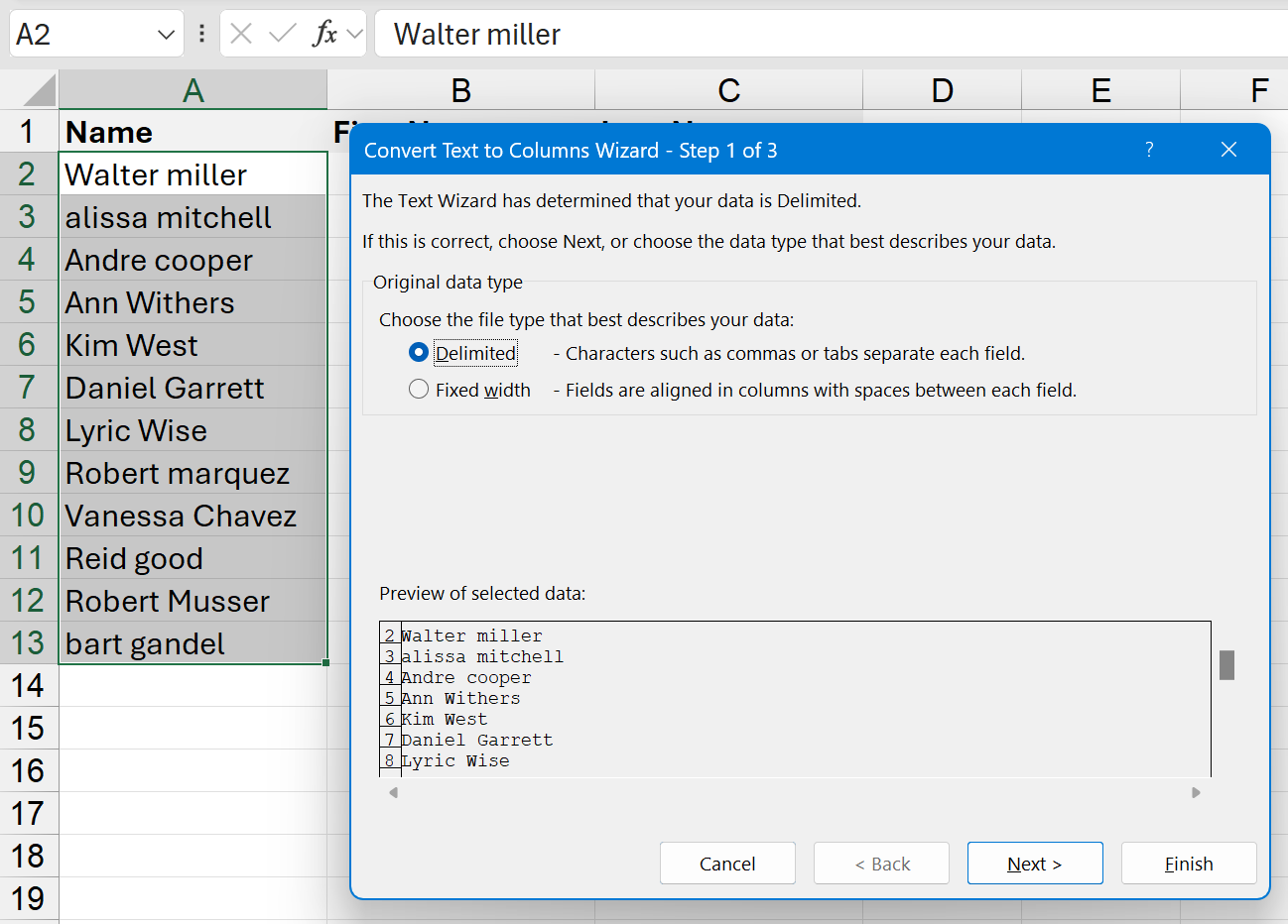 Separate names in Excel with Text to columns