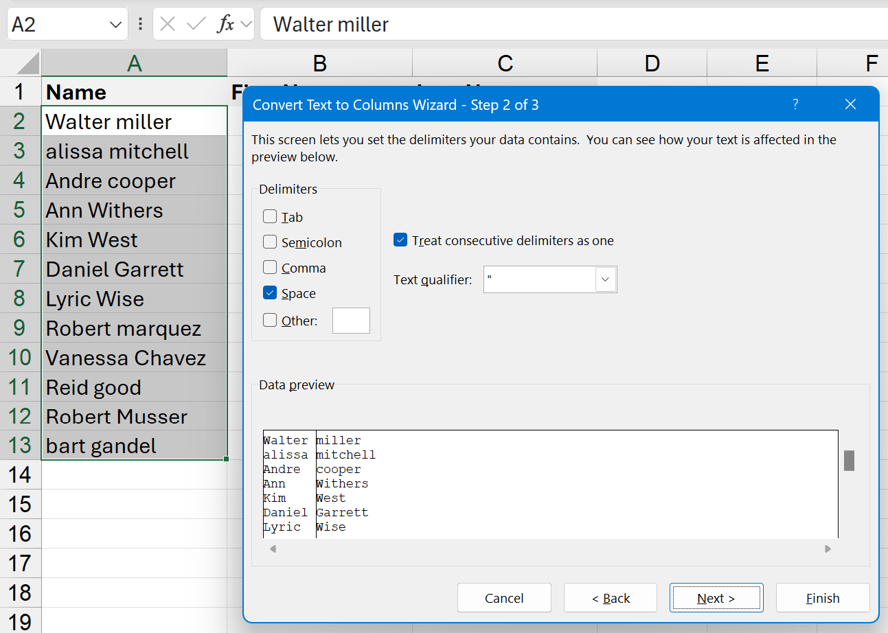 Separate names in Excel with Text to columns