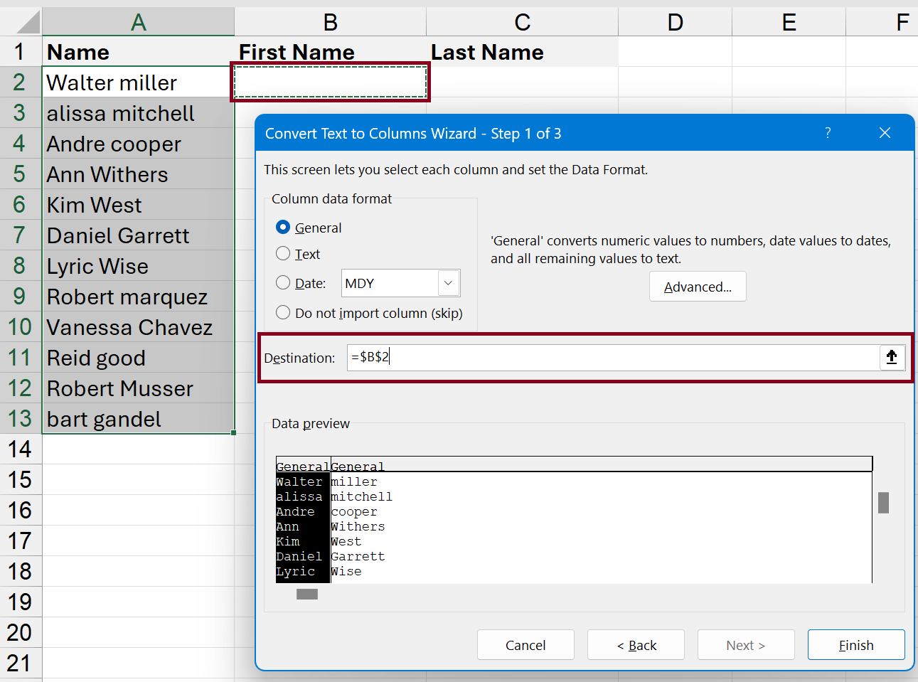 Separate names in Excel with Text to columns
