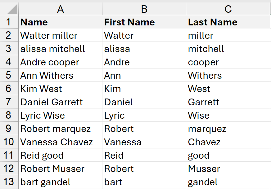 Separate names in Excel with Text to columns