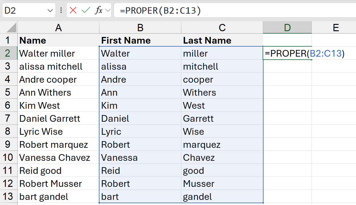 Separate names in Excel with Text to columns and PROPER function