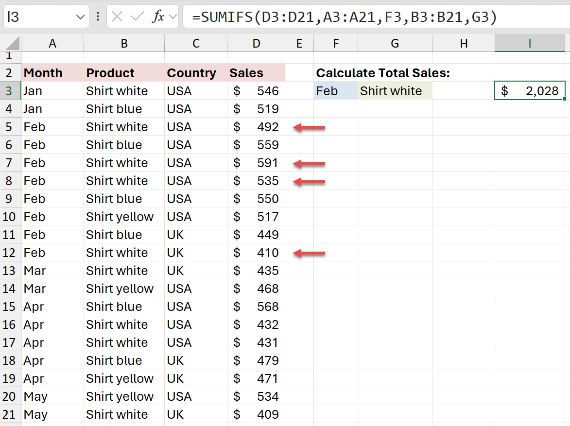 Excel SUMIFS function