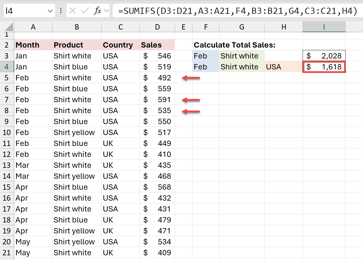 Excel SUMIFS function multiple criteria