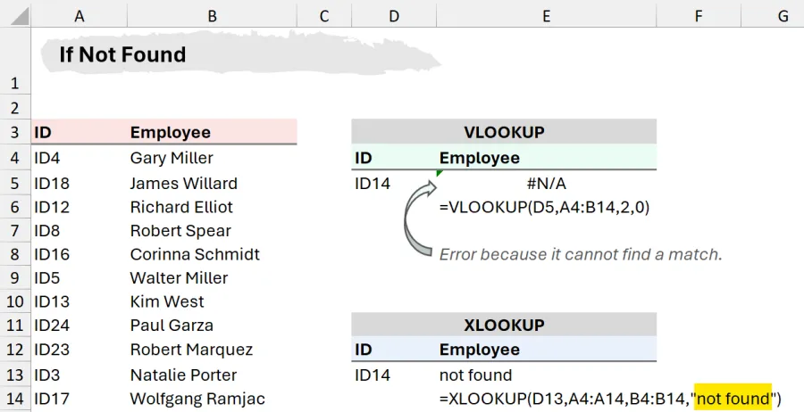 XLOOKUP vs VLOOKUP returns error if no match is found
