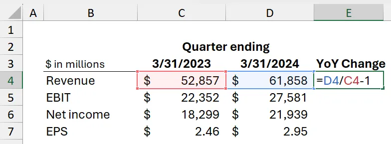 calculate yoy in excel